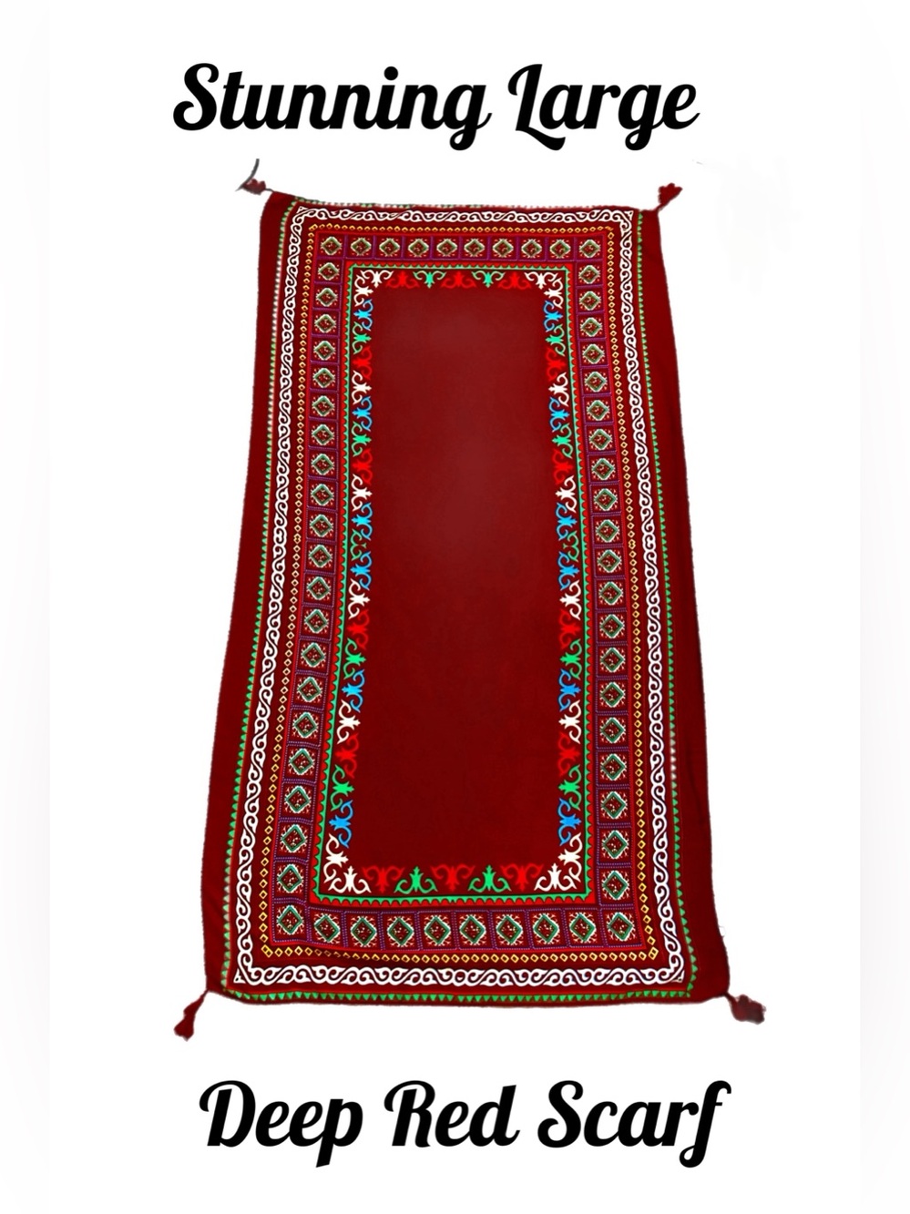 Deep Red BOHEMIAN Scarf with Multicolor Border and Tassels on Each Corner